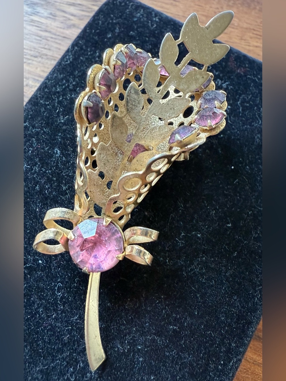 Vintage Gold Tone Floral Brooch with Purple Rhinestone Leaf